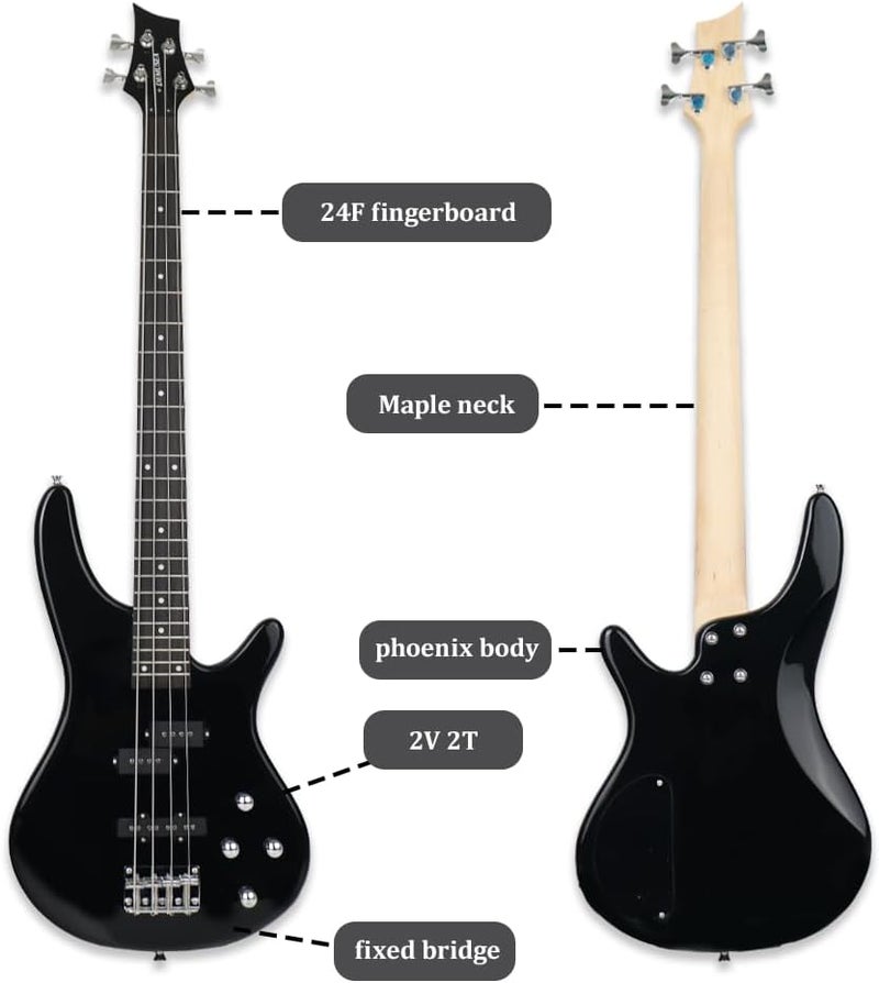 demusea electric bass guitar full size standard 4strings glossy black 34inch scale length 24frets maple neck phoenix body fixed bridge 2V 2T control for beginner starter practice show (BK-YIB30) - Image 2